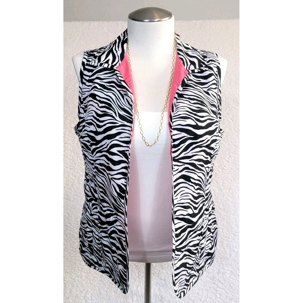 Weekends by Chico's Vest Women 2 L Zebra Print Black White Pink Open Front Bold